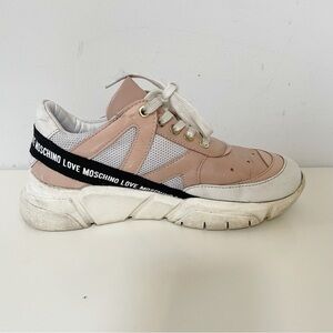 Love Moschino platform chunky pink and white runner logo tape
